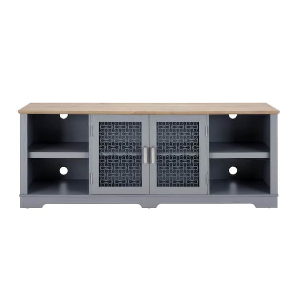 Unbranded 70 in. W x 15.55 in. D x 26.85 in. H Blue Linen Cabinet with Open Shelves and Glass Door, TV Stand for TV up to 80 in.