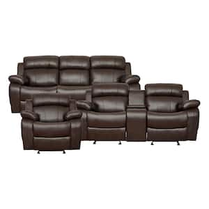 Alamo 86.5 in. W. Pillow Top Arm Faux Leather Rectangle 3-Piece Manual Reclining Sofa Set in Brown