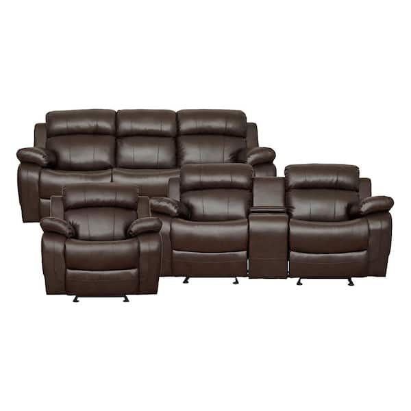 Lazzara Alamo 86.5 in. W. Pillow Top Arm Faux Leather Rectangle 3-Piece Manual Reclining Sofa Set in Brown