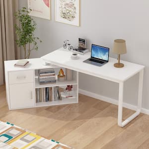 55.1" W : "L" Shape Wooden Writing Desk White Finish with 1-Drawer, Open Shelves and Eco-Friendly Paint Finish