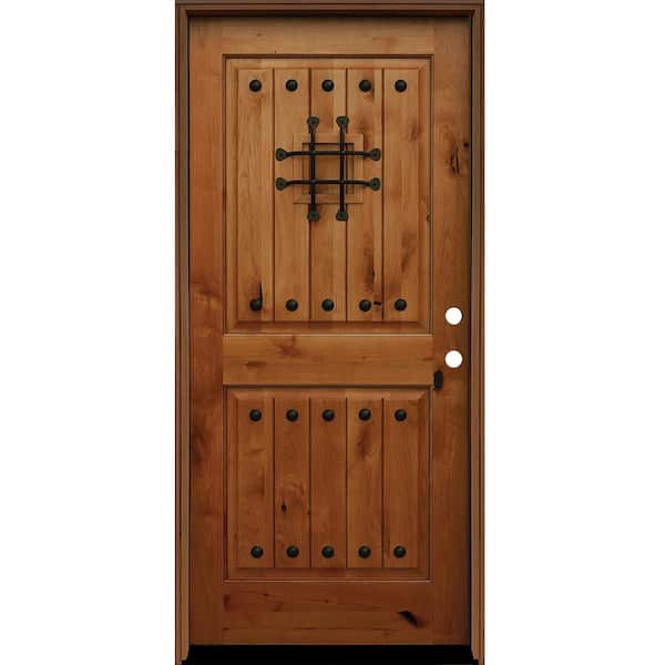 Pacific Entries 36 in. x 80 in. Rustic 2-Panel Square Top V-Grooved Stained Knotty Alder Wood Prehung Front Door with 6 in. Wall Series