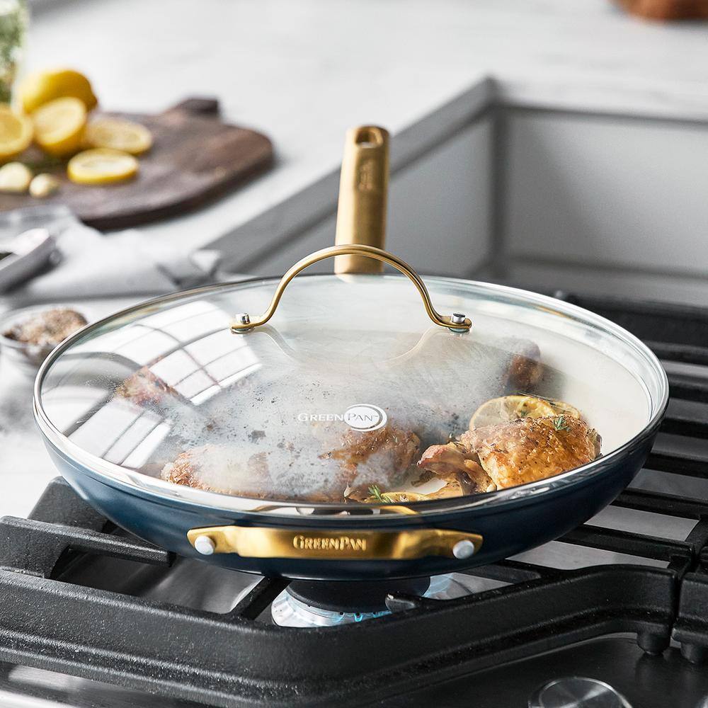 Twilight Blue Ceramic Nonstick 12" Frypan with Gold Handle and Lid