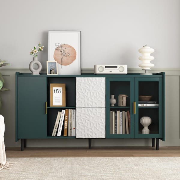 Tileon Modern Kitchen Pantry Storage Cabinet, 55 in. Coffee Bar Storage Cabinet with 2 Drawers in Green