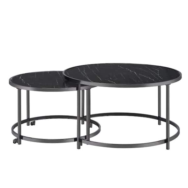 Steve Silver Rayne 2 Piece 36 In Black, Round Glass Silver Coffee Table Set