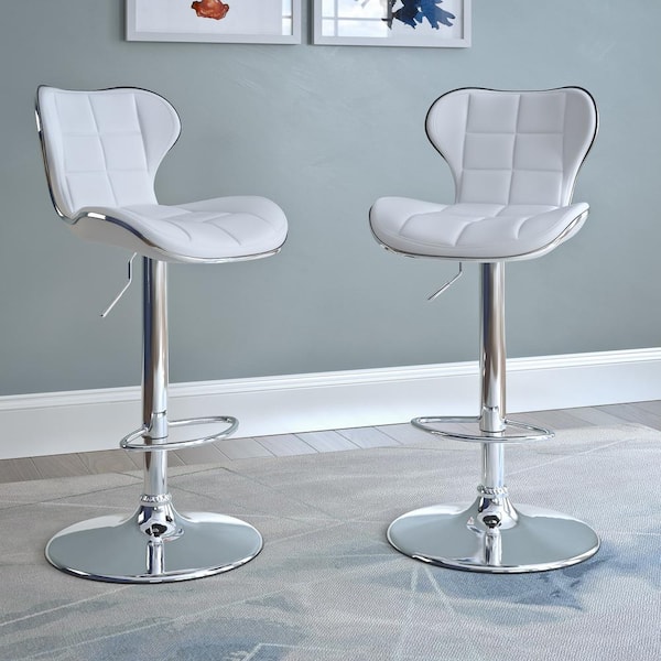 Adjustable Height White Bonded Leather Swivel Bar Stool (Set of 2)