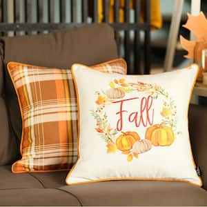 Fall Decorative Throw Pillow Plaid & Pumpkins 18 in. x 18 in. Yellow & Orange Square Thanksgiving for Couch Set of 2