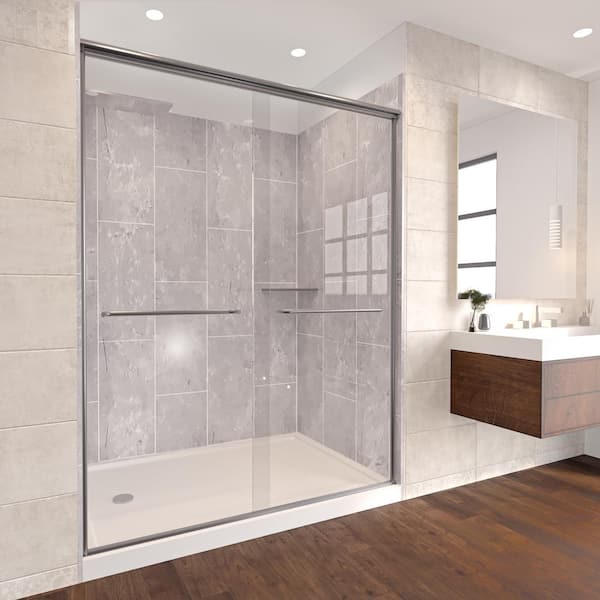 Platinum Grey-Rainier 60 in. x 32 in. x 83 in. Base Wall Door Rectangular Alcove Shower Stall Kit Matte Black Left