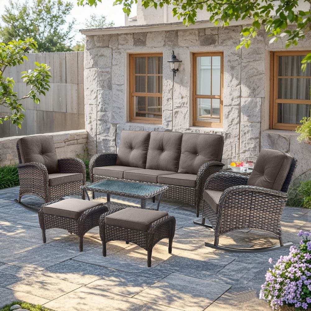 SleekArm 7-Piece Brown Wicker Patio Conversation Set with Olefin Gray Cushion/3-Seat Sofa with Rocking Chairs price history on PriceWatchPro