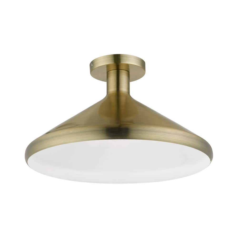 Antique Brass Cone Semi-Flush Mount Light with White Shade
