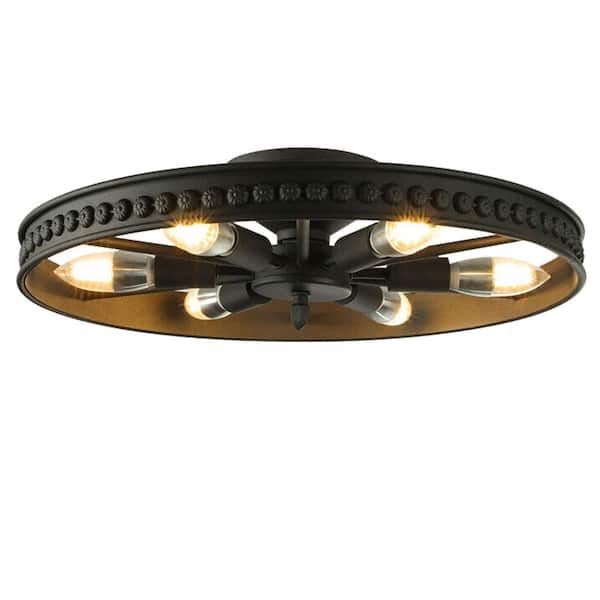 OUKANING 18 in. 6-Light Black Industrial Wagon Wheel Rustic Flush Mount Ceiling Light