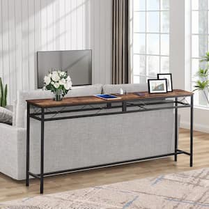 55 in. Narrow Sofa/Console Table with Charging Station and Power Outlet and USB Ports, Metal Frame, Brown