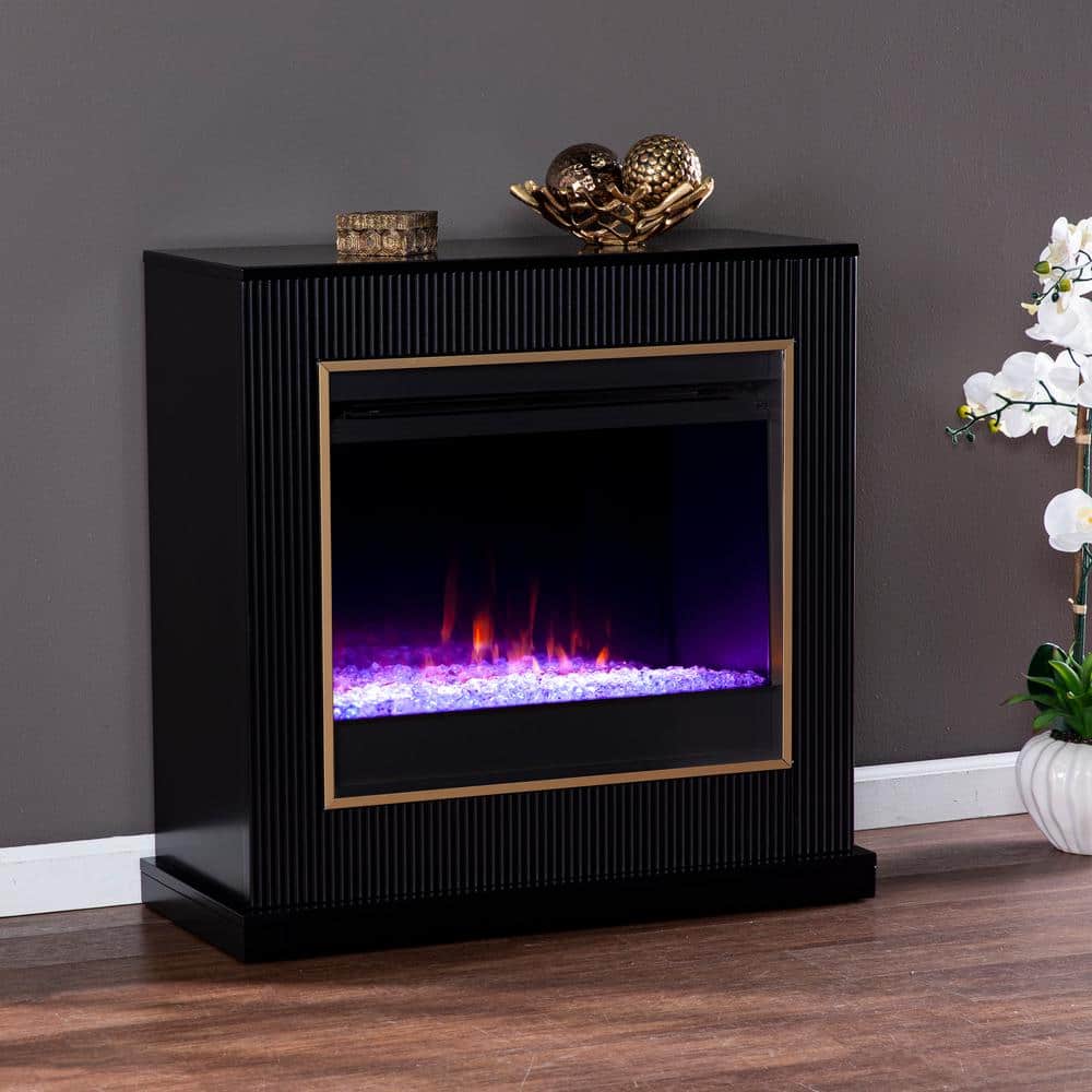 Southern Enterprises Dosten 33.25 in. Color Changing Electric Fireplace in Black with Gold Trim, Black finish w/ gold trim -  HD053547
