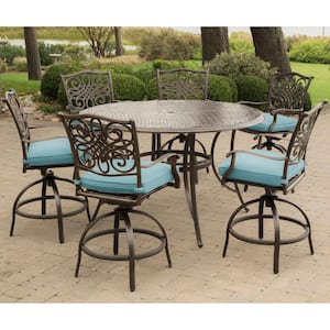 Traditions 7-Piece Aluminum Outdoor High Dining Set with Round Cast-Top Table and Swivel Chairs with Blue Cushions
