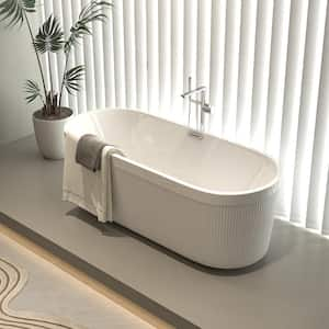 59 in. Unique Pleated Acrylic Oval Freestanding Non Whirlpool White Soaking Hot Bathtub with Chrome Overflow and Drain