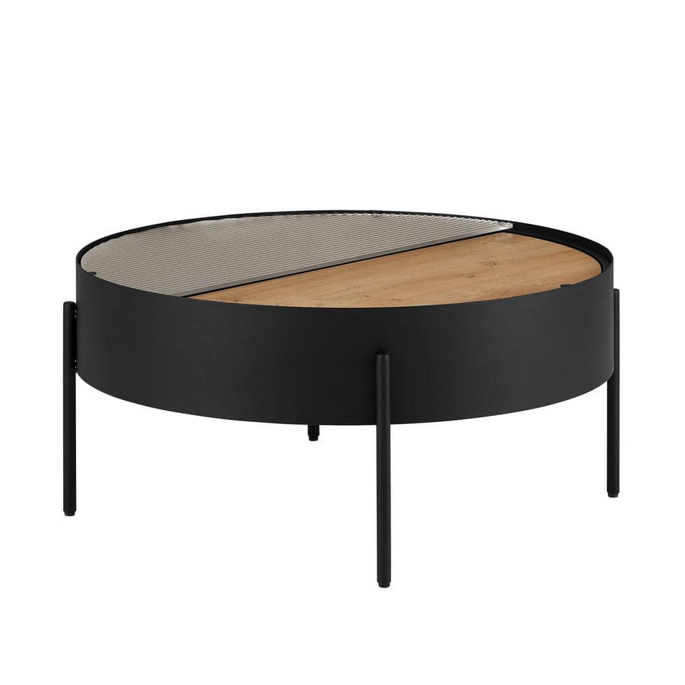 33'' Black English Oak and Fluted Glass Round Coffee Table