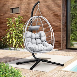Gray Wicker Patio Swing Hanging Egg Chair with Steel Stand UV Resistant Cushion