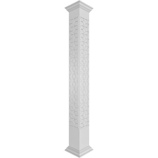 Ekena Millwork 9-5/8 in. x 10 ft. Premium Square Non-Tapered Pueblo Fretwork PVC Column Wrap Kit w/Crown Capital and Base