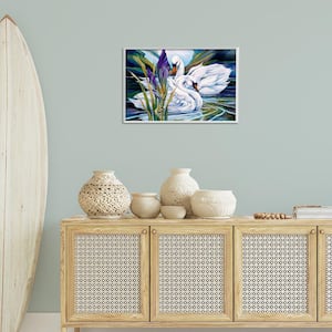 Swans with Abstract Pond Ripples by Jody Bergsma White Framed Animal Giclee Art Print 16 in. x 24 in.