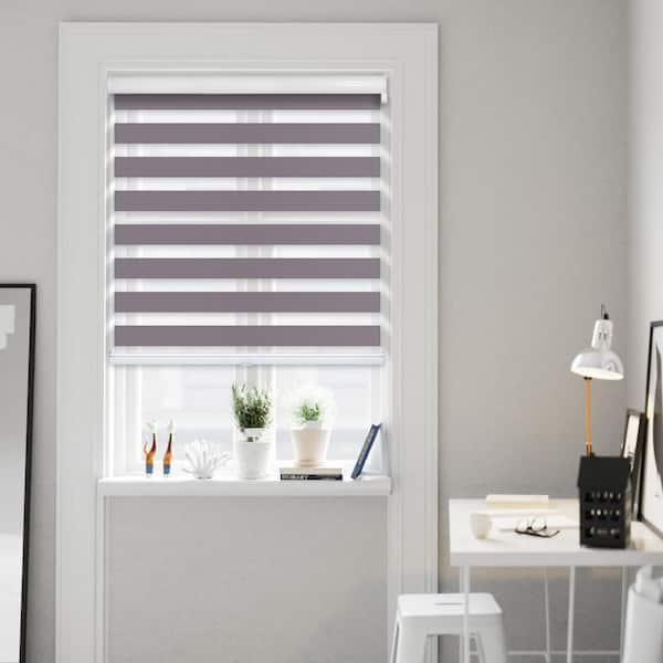 Cut-to-Size Dark Plum Cordless Light Filtering Dual Layer Privacy Polyester Zebra Roller Shade 58.75 in. W x 72 in. L