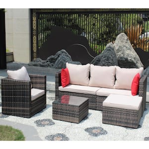 4-Pieces Rattan Patio Furniture Set Wicker Sofa Cushioned Sectional Furniture Set Garden with Brown Cushions in Grey