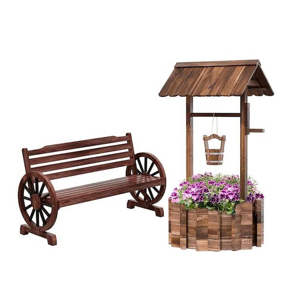 Sizzim Wood Wishing Well Planter with 55" Outdoor Bench for Outside, Yard, Porch, Home Decor