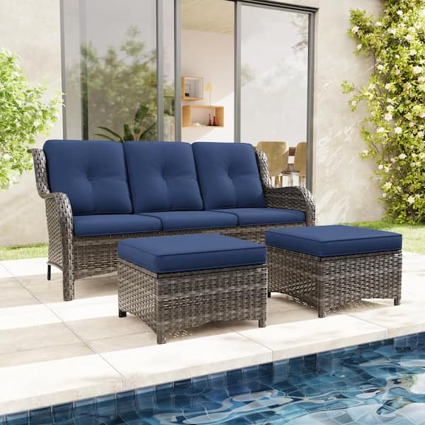 JOYSIDE Wicker Outdoor Patio Sofa Sectional Set with Blue Cushions and Ottoman