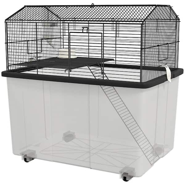 22in. 2-Tier Hamster Cage with Extra-Deep 14in. Base, Small Animal Cage with Ramp Water Bottle, Food Dish, Wheels, Black