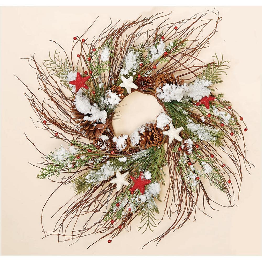 24 in. Artificial Snowy Twig Wreath with Stars