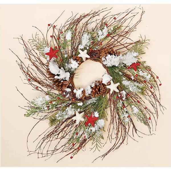 24 in. Artificial D Mixed Snow and Glitter Pine Indoor Wreath