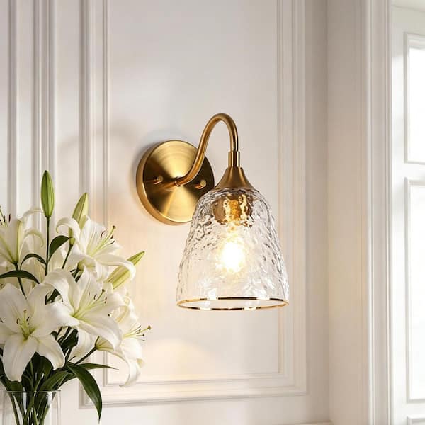 Aurabe Modern Plated Brass Damp-rated Bell Bedroom Wall Sconce 1-Light Bathroom Vanity Light with Rippled Glass Shade