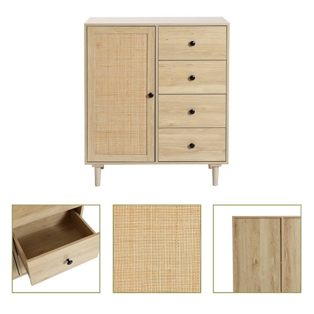 White Oak and Rattan 4-Drawer Storage Cabinet
