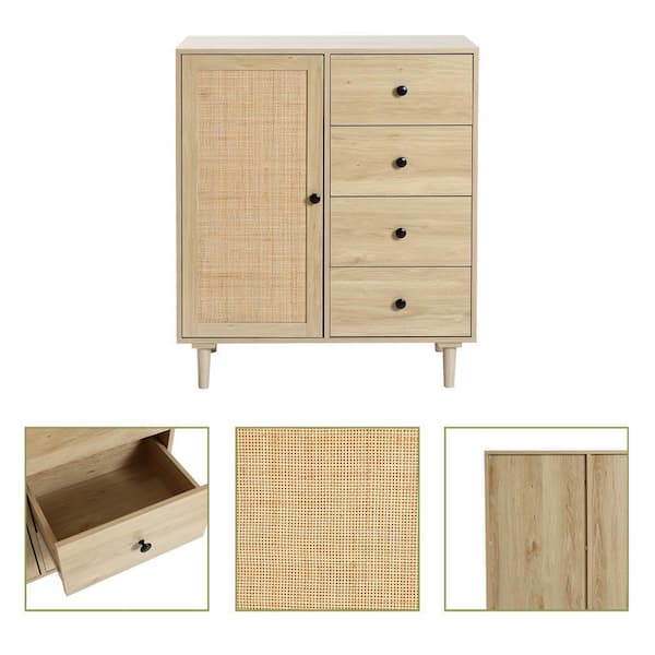 LuxenHome White Oak Finish Wood and Rattan 1-Door 4-Drawer Storage