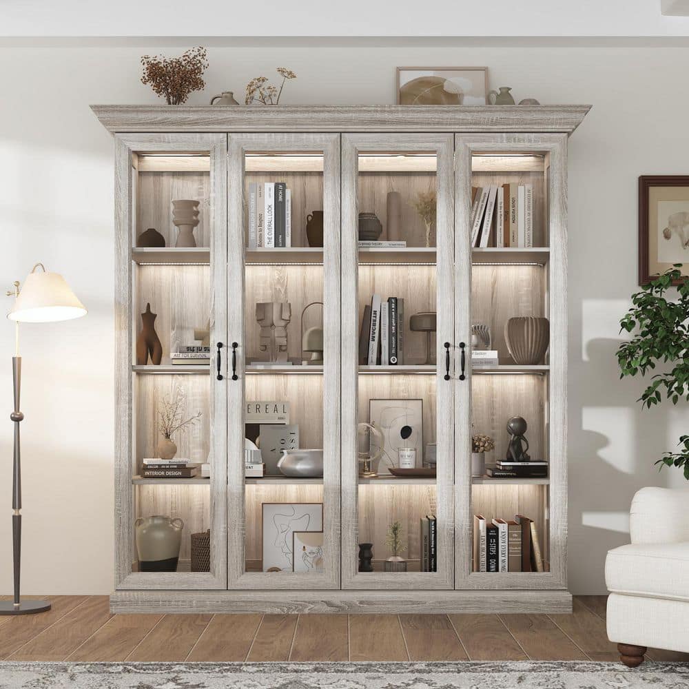 FUFU&GAGA 69.1 in. Tall Gray Wood Wood 8-Shelf Accent Bookcase