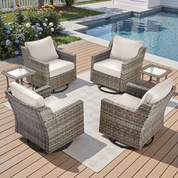 GlideRail Gray Swivel Glider Wicker Patio Conversation Set with Beige Olefin 4 In. Thick Cushions/End Tables (6-Piece)