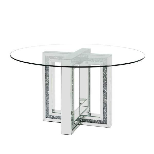 Acme Furniture Noralie Mirrored and Faux Diamonds Glass 52 in. Cross Legs Dining Table Seats 4
