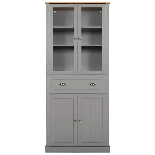 VEIKOUS Gray Wood 29.9 in. W Kitchen Storage Pantry Cabinet Closet with ...