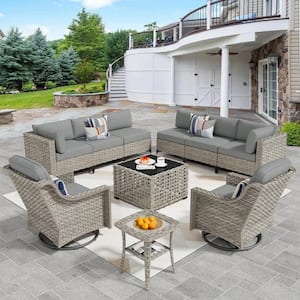 Thor 10-Piece Wicker Patio Conversation Seating Sofa Set with Dark Gray Cushions and Swivel Rocking Chairs