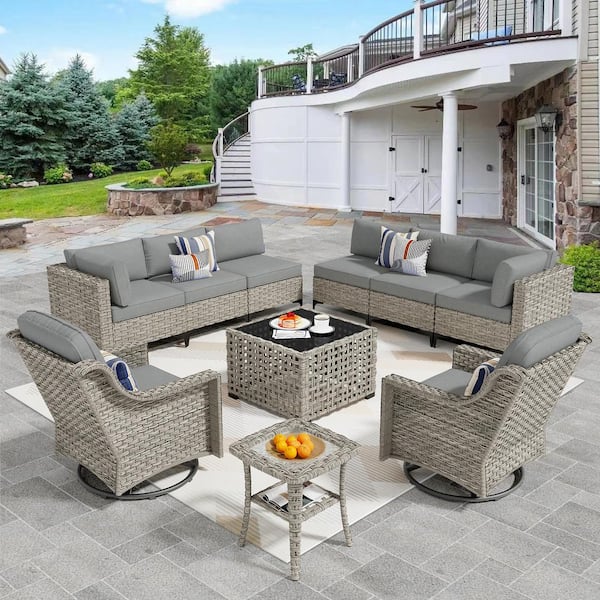 XIZZI Thor 10-Piece Wicker Patio Conversation Seating Sofa Set with Dark Gray Cushions and Swivel Rocking Chairs
