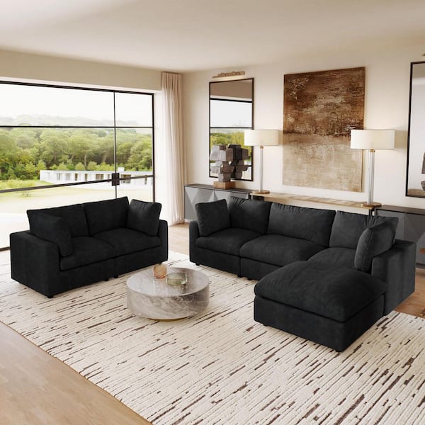 Modular Cloud Couch 6-Piece Black Chenille Convertible Living Room Set Sectional Sofa with Detachable Covers and Ottoman