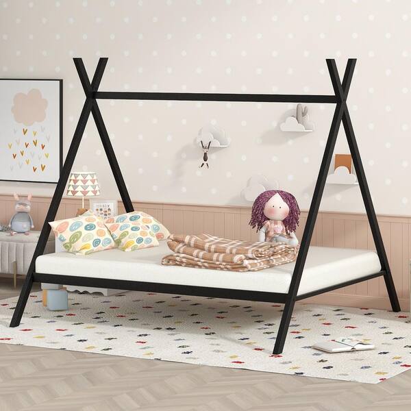 Harper & Bright Designs Black Full Size Metal Floor Play House Bed Tent Bed Frame with Slats