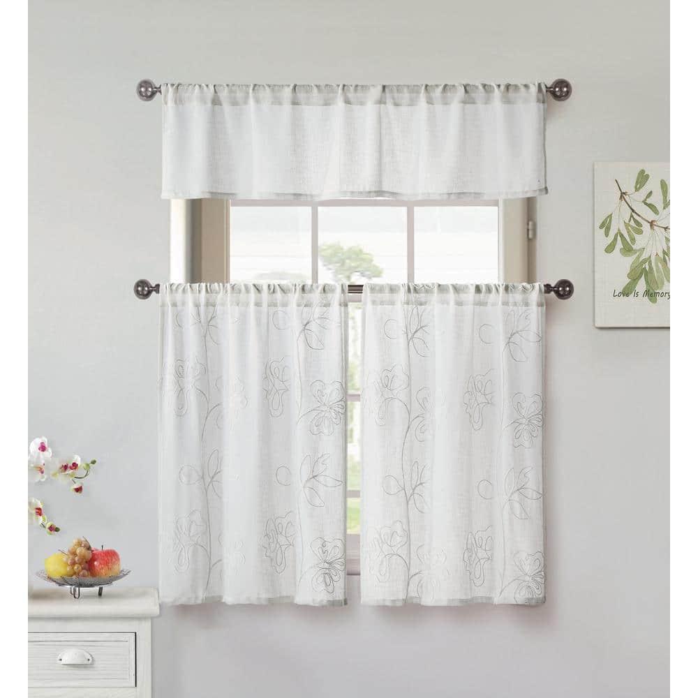 Katness White Polyester LightFiltering Rod Pocket Kitchen Curtain & Tier S