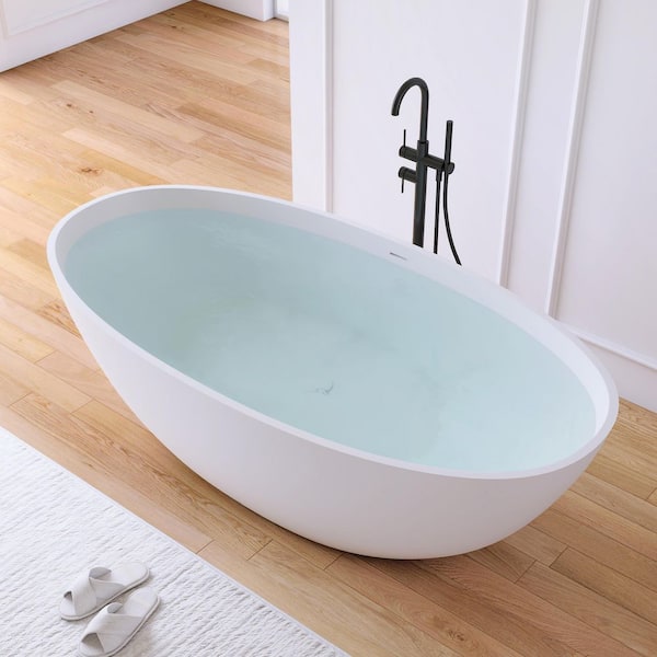 Eaton 71 in. x 35.4 in. Stone Resin Solid Surface Matte Flatbottom Freestanding Soaking Bathtub in White