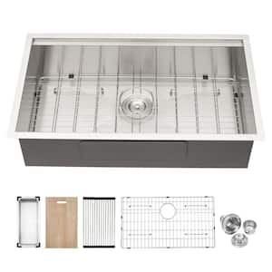 33 in. Undermount Single Bowl 18 Gauge Brushed Nickel Stainless Steel Kitchen Sink with Drying Rack and Colander