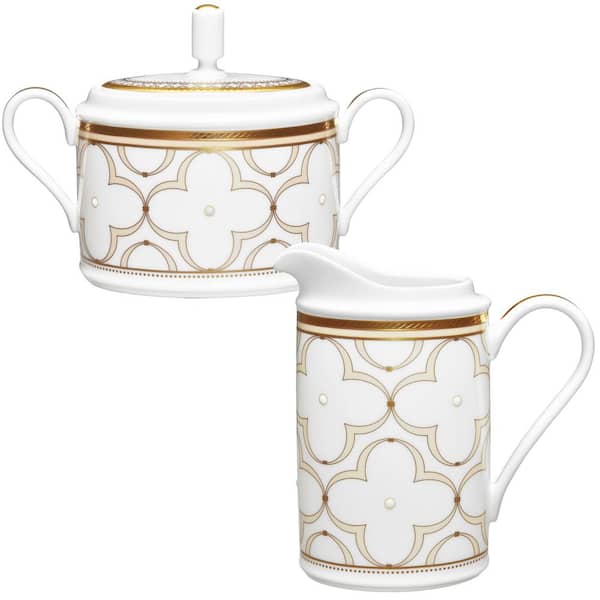 Noritake Trefoilo Gold Bone China 11.5 oz. Sugar and 8 fl. oz. Creamer Set