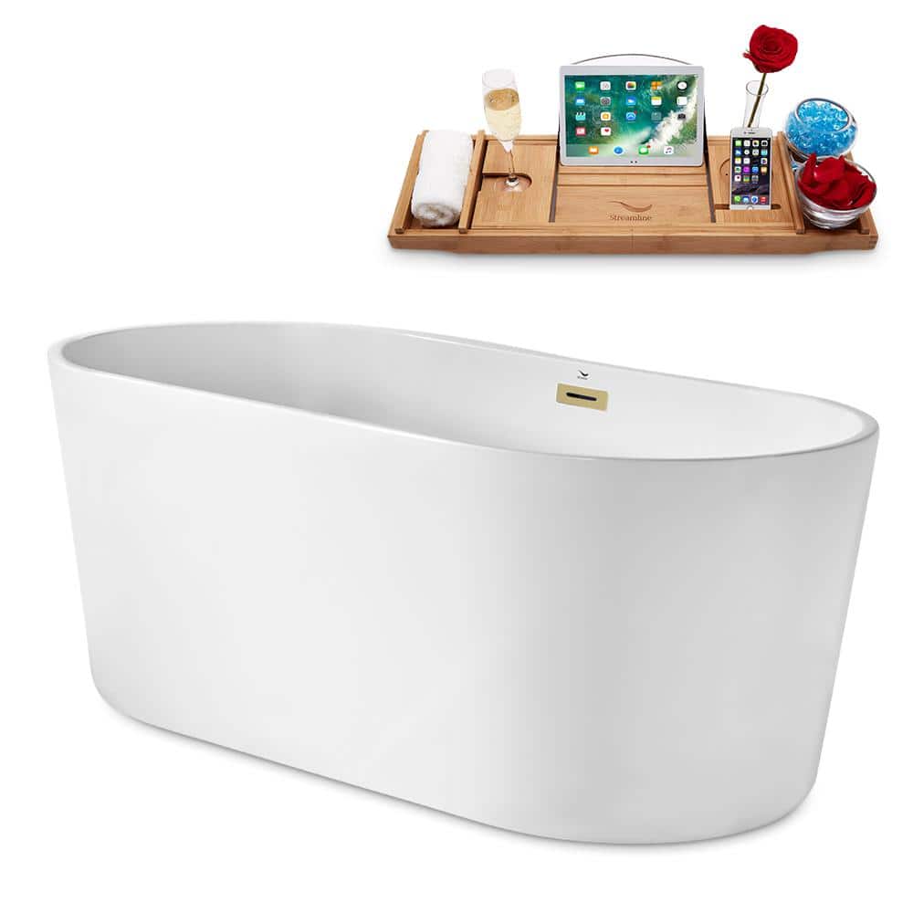 62" Glossy White Acrylic Freestanding Soaking Bathtub with Polished Brass Drain