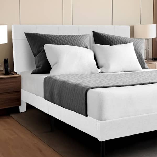 JEAREY Alex White Queen Upholstered Platform Bed Frame with Headboard