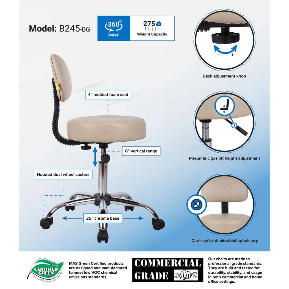 ErgoFlex Adjustable Beige Vinyl and Metal Medical Stool