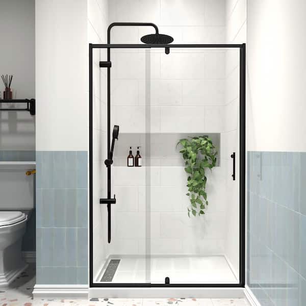 Modern 42 in. W x 71 in. H Pivot Swing Semi-Frameless Shower Door in Matte Black Finish with 1/4 in. (6mm) Clear Glass