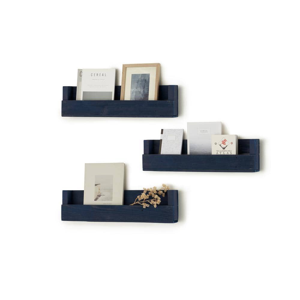Navy Blue Reclaimed Wood Floating Wall Shelves, 3-Pack