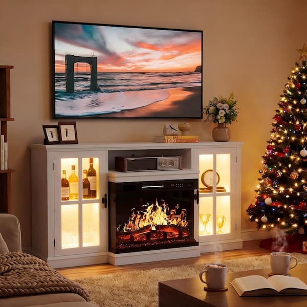 LACOO 59 in. Deluxe White TV Stand with Electric Fireplace, Lights